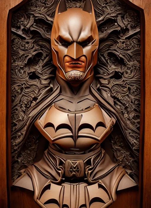 Image similar to high intricate bust of an batman carved from wood in baroque style, studio light, maria panfilova, andrea savchenko, mike kime, ludovic plouffe, qi sheng luo, oliver cook, trending on artstation