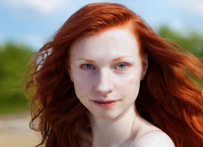 Image similar to close up portrait photograph of a thin young redhead woman with russian descent, sunbathed skin, with deep blue eyes. Wavy long maroon colored hair. she looks directly at the camera. Slightly open mouth, face takes up half of the photo. a park visible in the background. 55mm nikon. Intricate. Very detailed 8k texture. Sharp. Cinematic post-processing. Award winning portrait photography. Sharp eyes.