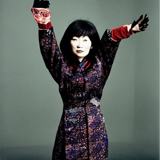 Image similar to A Chinese woman wearing clothes from 2078, portrait, Taschen, 35 mm film, by David Bailey, Peter Lindbergh, Davide Sorrenti