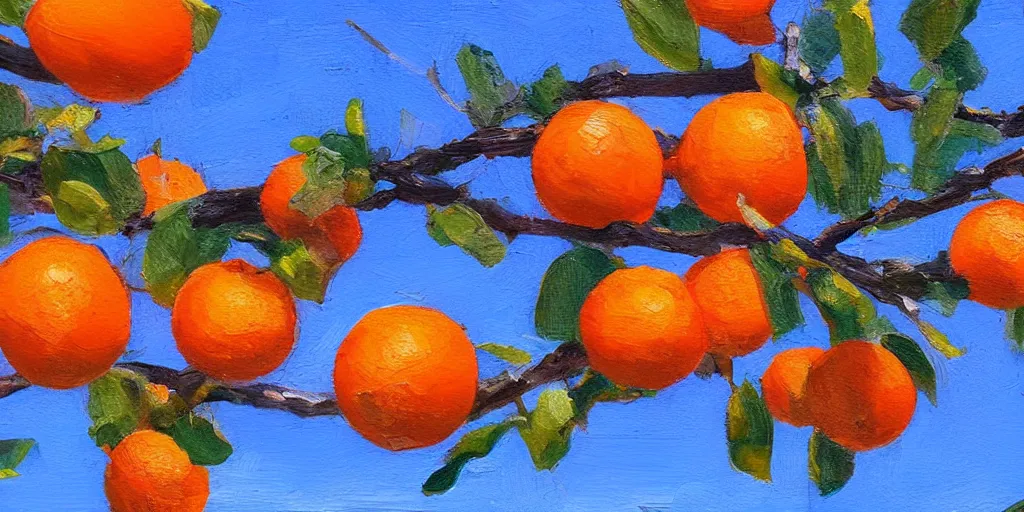 Prompt: brunch of orange tree against bright blue sky closeup, oil paint