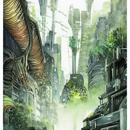 Image similar to Beautiful happy overgrown sci-fi city in harmony with nature. Nice colour scheme, soft warm colour. Beautiful detailed watercolor by Lurid. (2022)