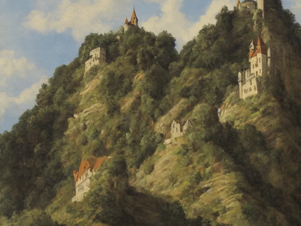 Image similar to a painting of a german castle on the cliff