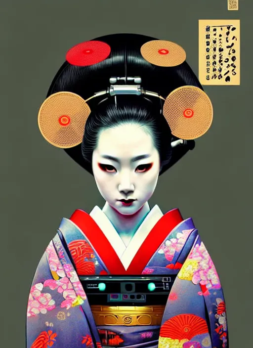 Image similar to sensual japanese geisha wearing vr eyepiece, intricate geisha kimono, robotic, android, cyborg, cyberpunk face, steampunk, fantasy, intricate, elegant, highly detailed, colorful, vivid color, digital photography, cool warm lighting, artstation, concept art, art by artgerm and greg rutkowski,
