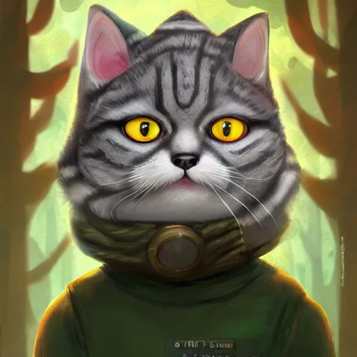 Image similar to portrait of a grey american shorthair cat as teemo from league of legends, digital painting, dystopian forest background by marc simonetti, artwork by ross tran + ramond swanland + liam wong