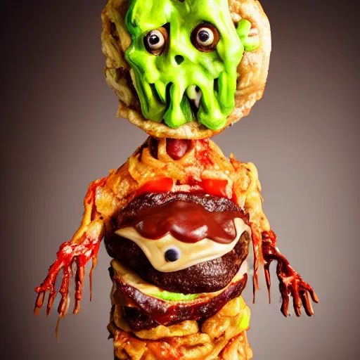 Image similar to a humanoid bipedal upright zombie that strongly resembles a hamburger, professional food photography