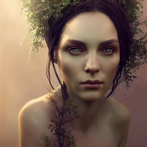 Image similar to photo realistic image of dryad, stunning 3 d render inspired art by istvan sandorfi and greg rutkowski, perfect facial symmetry, realistic, highly detailed attributes and atmosphere, dim volumetric cinematic lighting,