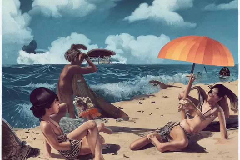 Prompt: full page illustrations of dreamy desolate beach scenes on a hot summer evening, tropical color palette, by carel willink and gregory crewdson, big waves, surf, comic book panels