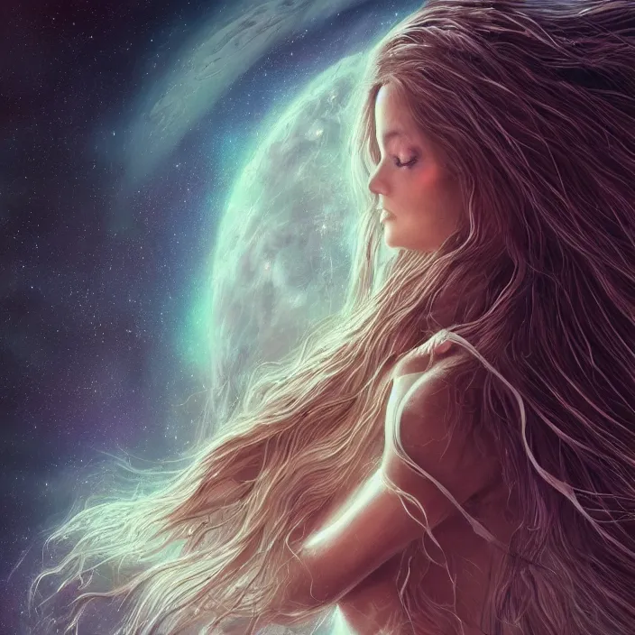 Image similar to beautiful celestial woman with long hair wrapping downward around earth seen for space, hyper-detailed, smooth, sharp focus, depth map, digital painting, apocalyptic art, fantasy dark art, 4k ultra hd, cinematic