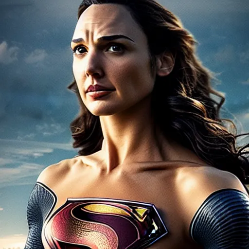 Image similar to an potrait of gal gadot play Man of Steel replacing Henry Cavill, she looking to camera, photorealistic, 4k