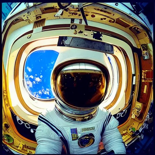 Prompt: “astronaut on board international space station wearing black space suit and gold helmet, highly detailed, realistic, portrait, photorealistic, proportional, beauty, fish eye lens, nasa, spacex, in the style of Edward hooper oil painting sun rising”