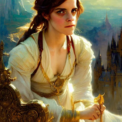 Prompt: emma watson as stunning female master wizard, highly detailed painting by gaston bussiere, craig mullins, j. c. leyendecker, 8 k