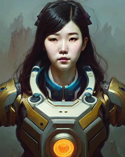Image similar to jung ho - yeon as d. va from overwatch, character portrait, concept art, intricate details, highly detailed by greg rutkowski, michael whelan and gustave dore