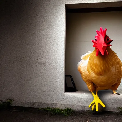 Prompt: man dressed as a chicken hiding behind a corner, trending artstation, award winning photo