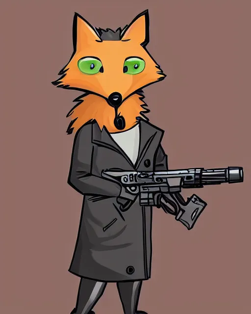 Prompt: a fox wearing a black trench - coat holding a mini - gun, comic art style, digital art,