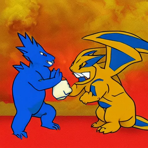 Prompt: charizard getting punched in the face by blastoise, wrestling ring