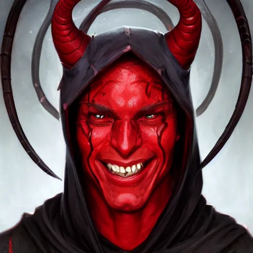 Prompt: portrait of a male tiefling with red skin wearing a black hood, smiling, D&D, fantasy, intricate, elegant, highly detailed, digital painting, artstation, concept art, smooth, sharp focus, illustration, art by artgerm and greg rutkowski and alphonse mucha