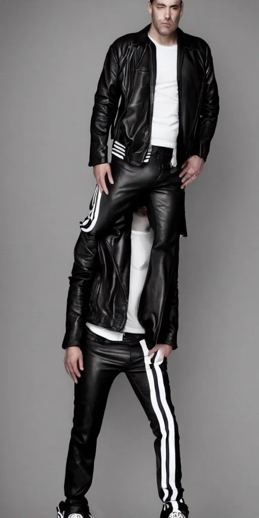 Image similar to full body photo. extreme long shot. man in black leather jacket and white!!! adidas!!! pants!!!. serious face. studio photo