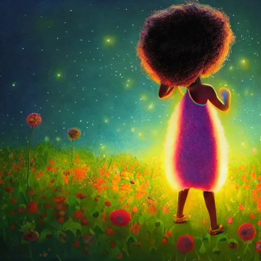 Prompt: a black girl with big cute! eyes and a colorful afro chasing fireflies through a field of flowers at sunset, bright colors, synthwave, watercolor, volumetric wool felting, felt, macro photography, children illustration, global illumination, radiant light, detailed and intricate environment, by goro fujita, bokeh!!!!
