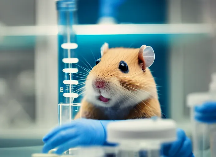 Image similar to film still of a hamster working in a research lab filling test tubes, 8 k