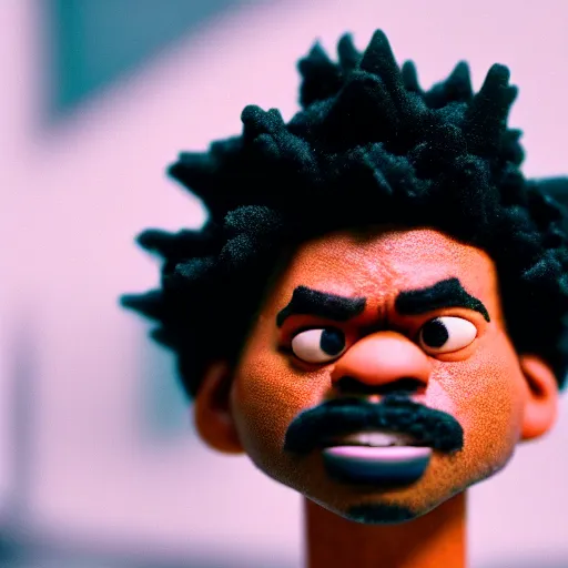 Image similar to a cinematic film still of a claymation stop motion film starring chance the rapper as a college student, shallow depth of field, 8 0 mm, f 1. 8