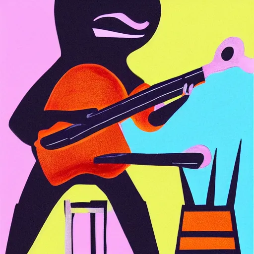 Image similar to a black candle man with long guitar, playing an electric guitar, art by 23 Envelope