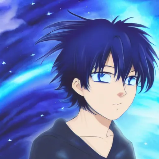 Prompt: a dark blue haired anime boy with deep blue eyes, with an indigo - tinted cosmic background