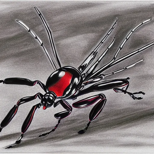 Image similar to black scorpion bug red glowing eyes drawn by Shuichi Shigeno and Michiharu Kusunoki pen ink drawing