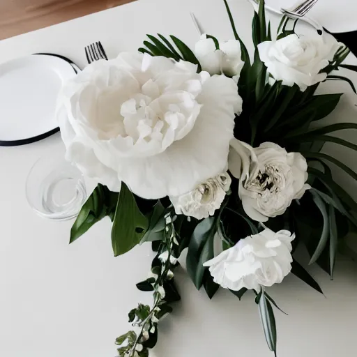 Prompt: luxurious white modern table with flower vase and iphone