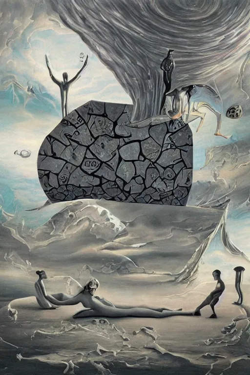 Image similar to surrealist painting full of subtle hints, mystic characters and misleading perspectives, ultrastation hq, 8 l, hyperrealistic, very highly detailed