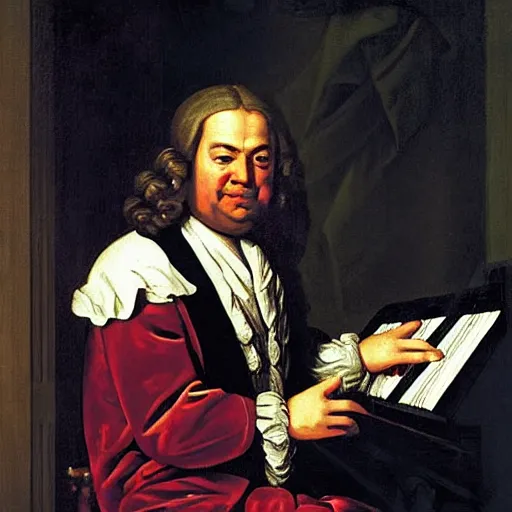 Prompt: Bach playing an electric keyboard, baroque painting