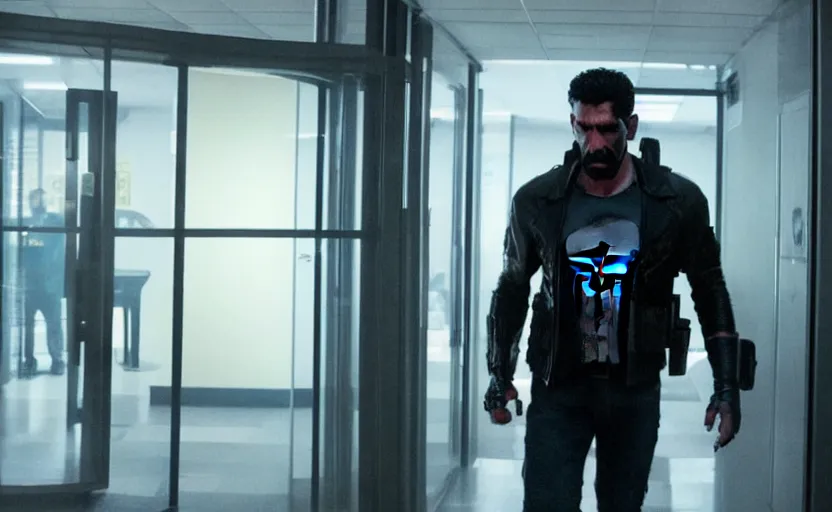 Image similar to a 4 k cinematic still portrait of the punisher breaking into the office from a gritty cyberpunk 2 0 0 0 s james cameron movie about spider - man. realism, cinematic lighting, 4 k. 8 mm. grainy. panavision.