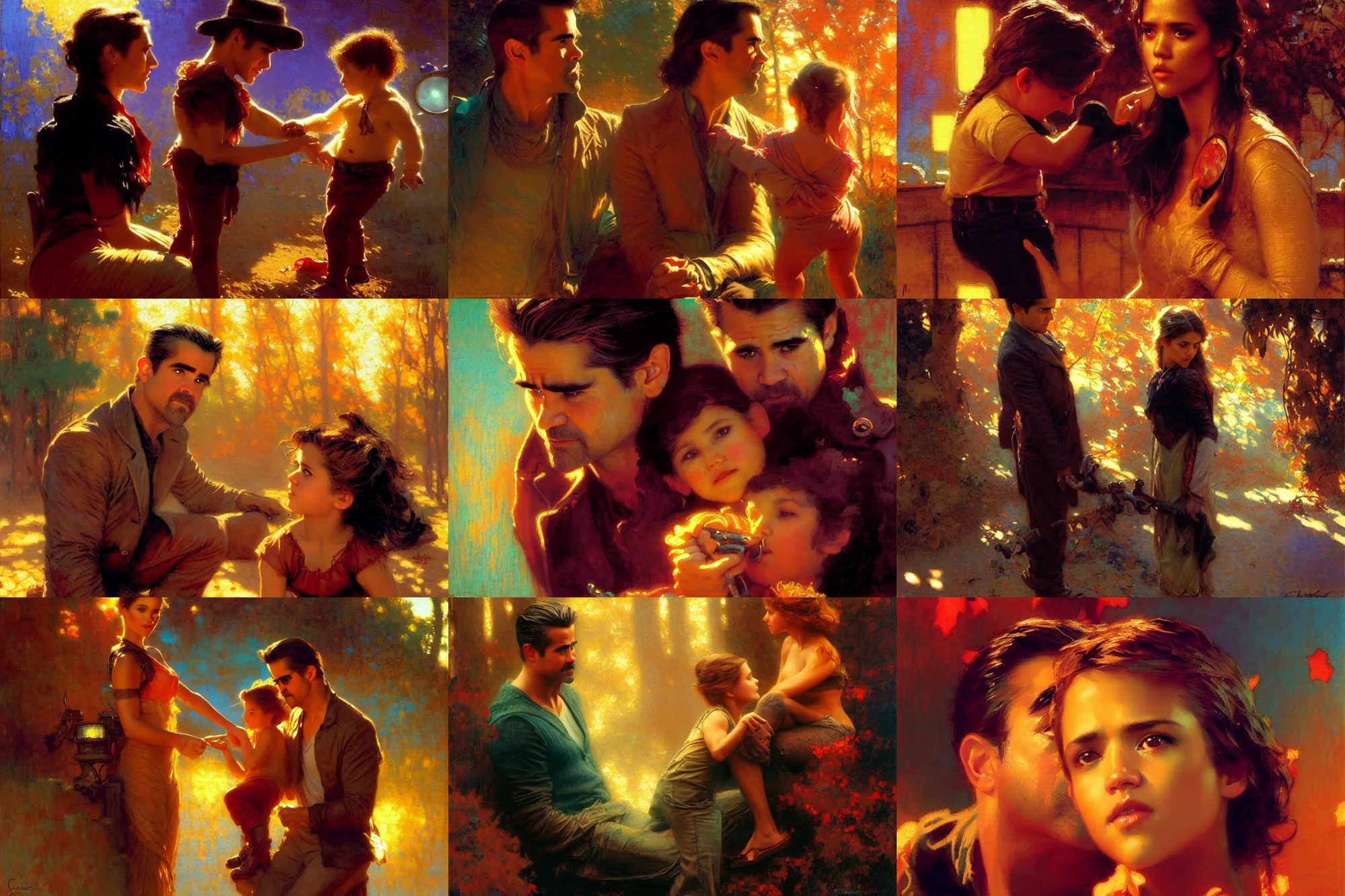 Prompt: color harmony, fall, colin farrell, jessica alba woman, with a kid, neon light, detailed faces, painting by gaston bussiere, craig mullins, j. c. leyendecker
