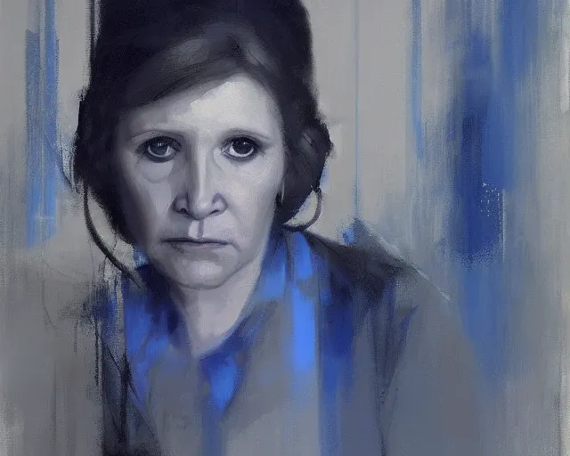 Prompt: portrait of leia young carrie fisher in shades of grey but with blue by jeremy mann