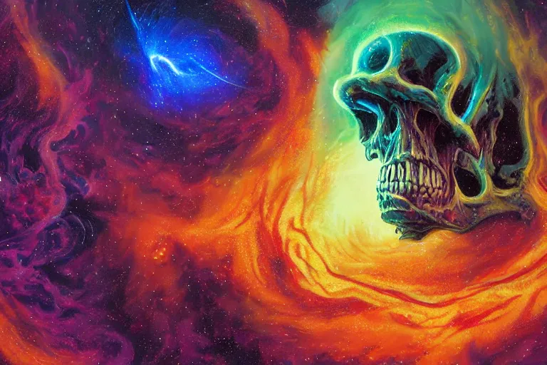 Image similar to a giant skull with eyes and lovecraftian tentacles emerging from a space nebula by dan mumford, smoke trails, digital art, photorealistic, vivid colors, highly detailed, intricate