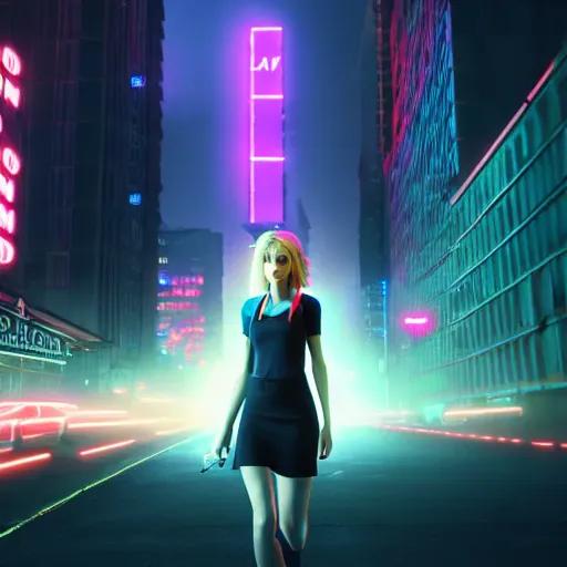 Prompt: Annie Leonhart in a neon city, octane render 8k, atmospheric render