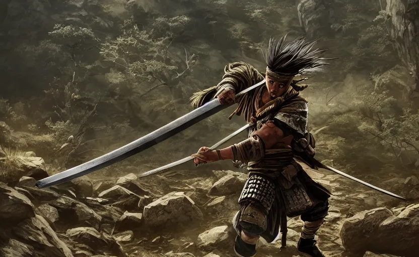 Image similar to highly detailed digital illustration of shinobi warrior running with katana through old, ruined, japanese village from sengoku period, surrounded by dense rock formations, high in mountains, cinematic lighting, photobash, raytracing, volumetric lighting