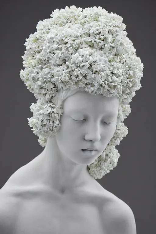 Prompt: full head and shoulders, beautiful female porcelain sculpture by daniel arsham and james jean, smooth, all white features on a white background, delicate facial features, white eyes, white lashes, detailed white 3 d giant hydrangeas, poppies, lilacs on the head