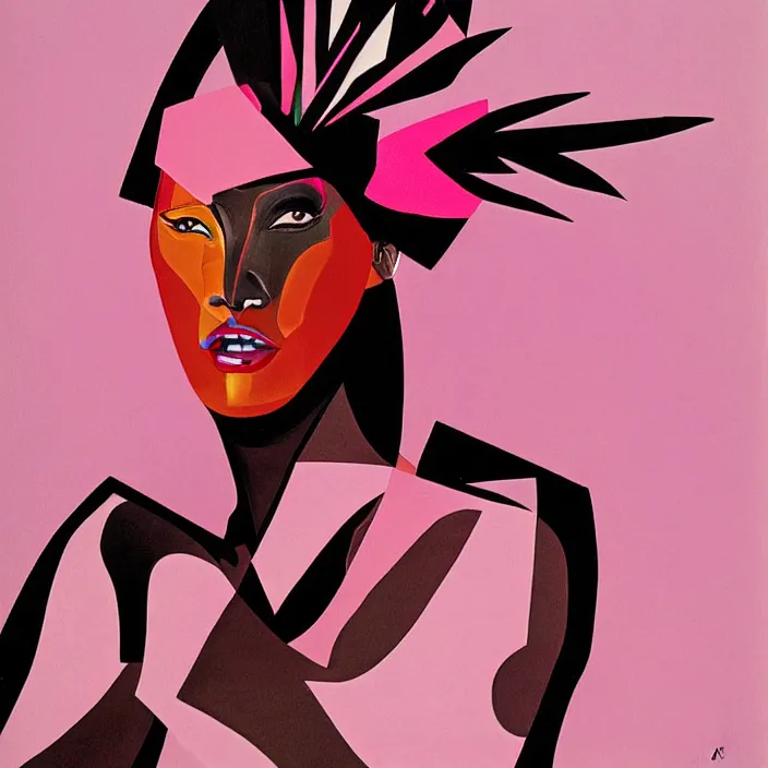 Image similar to abstract portrait of grace jones in pink, geometric, anime style, caravaggio, syd mead