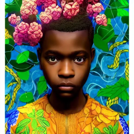 Image similar to colourful vfx art - portrait of nigerian boy wrapped in flowers & vines, art by utagawa kunisada & james jean, volumetric light, ray tracing, unreal engine, octane render, sharp, detailed, digital painting, illustration, highly detailed, intricate detail, pinterest, behance, art station,