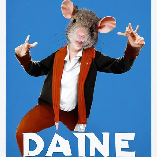 Image similar to movie poster of william dafoe as an anthropomorphic singing rat