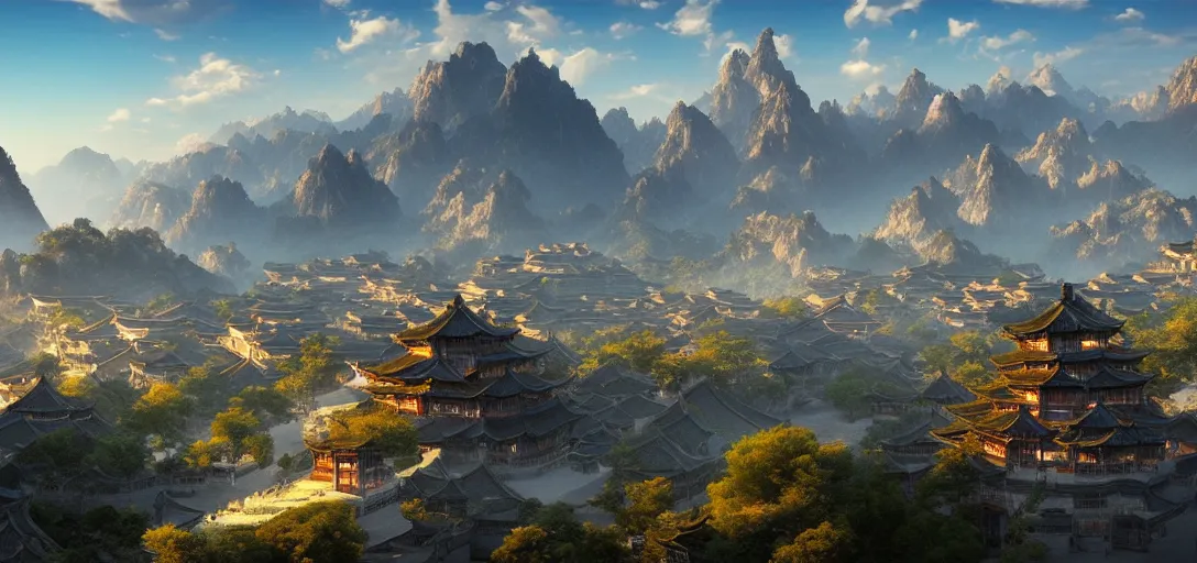 Image similar to epic view of beautiful ancient chinese city, clear blue skies, mountains and hills in the far background distance, unreal engine, dramatic lighting, detailed, ambient occlusion, global illumination, god rays, 3 d artstation render by greg rutowski and jessica rossier