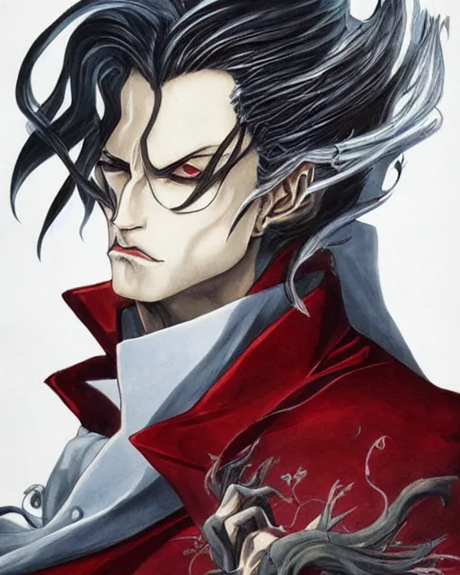 Image similar to portrait of alucard from castlevania, elegant, beautiful, mesmerizing, concept art, inspired by otoyomegatari manga, fancy clothing, highly detailed, artstation, behance, deviantart, trending, kaoru mori