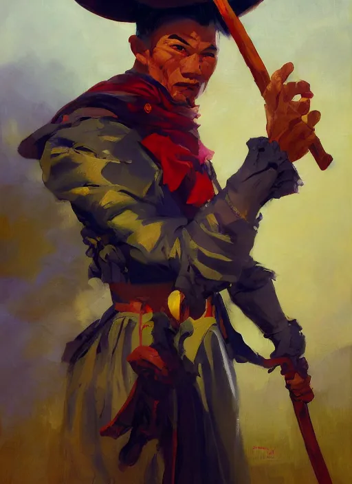 Image similar to greg manchess side portrait of a filipino fighter with a jester hat and a scepter, organic painting, sunny day, matte painting, bold shapes, hard edges, street art, trending on artstation, by huang guangjian, gil elvgren, ruan jia, randy vargas, greg rutkowski