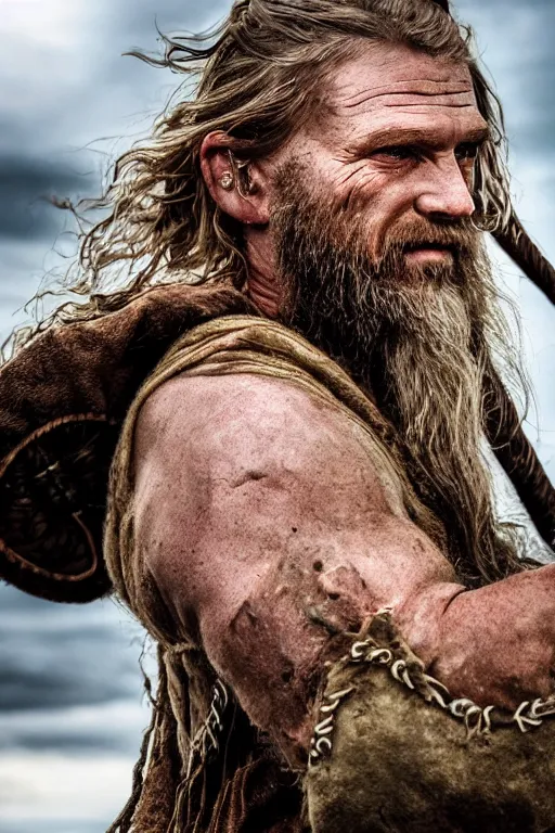 Image similar to realistic photograph of a rugged viking man in the middle of battle, highly detailed, cinematic, portrait, close - up,