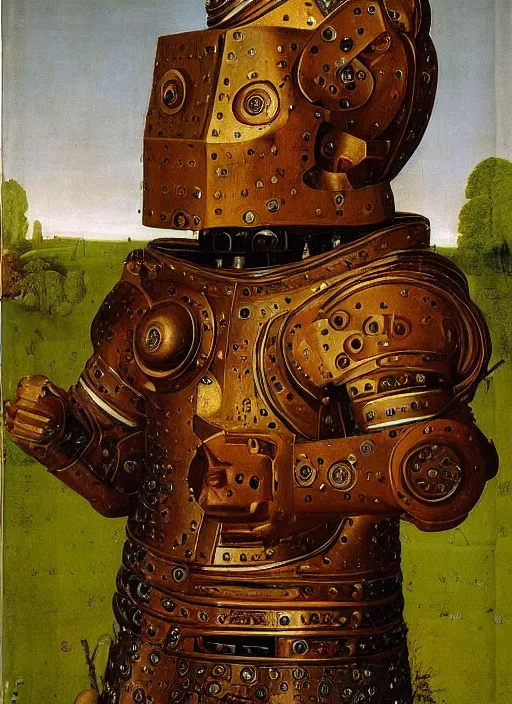 Image similar to a portrait of a warrior robot by Jan van Eyck