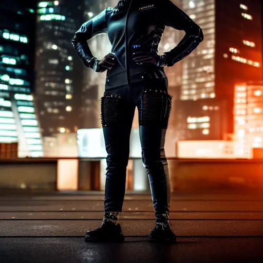 Image similar to photographic portrait of a techwear woman, closeup, on the rooftop of a futuristic city at night, sigma 85mm f/1.4, 4k, depth of field, high resolution, 4k, 8k, hd, full color