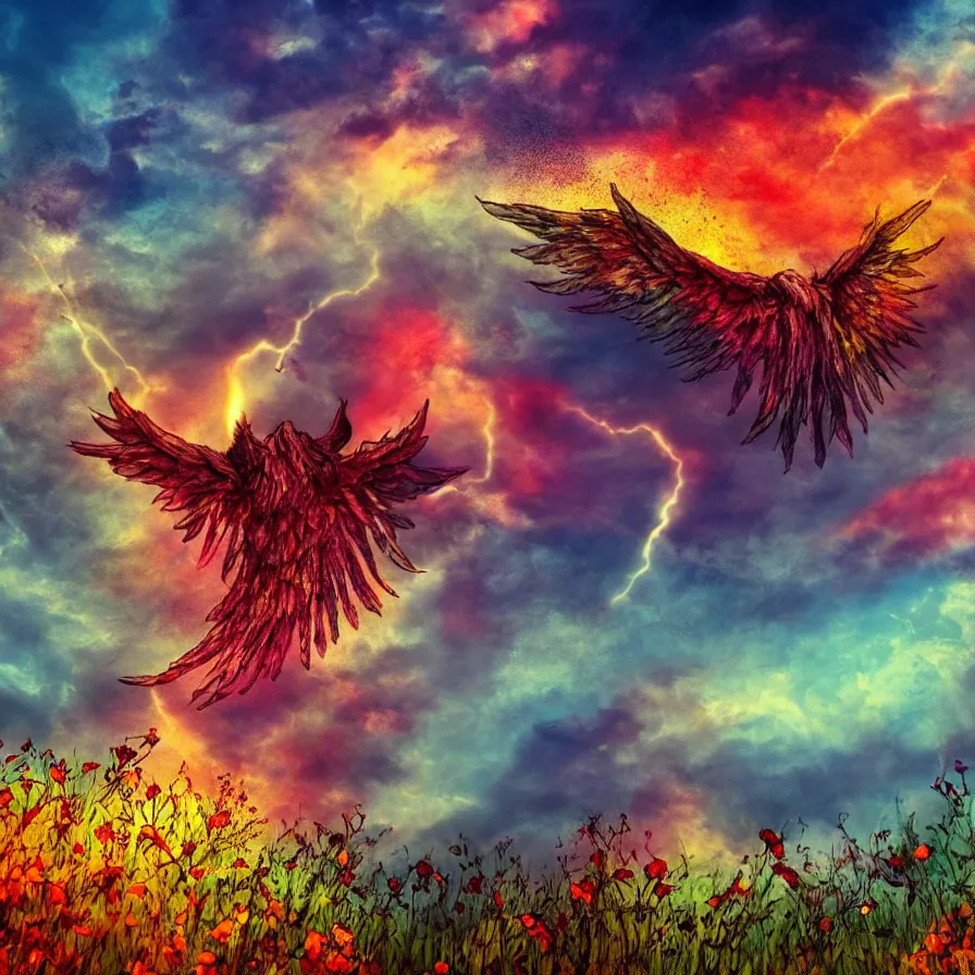 Prompt: dying grey demon with huge wide angel wings laying in beautiful summer flowers in amazing serene landscape in sun rays All the flowers around me are blooming. Lovely . Red burning meteor falling on background. Rainbow. Raining. Starts falling. Incredible colors. Hyperdetailed. Autumn color scheme.