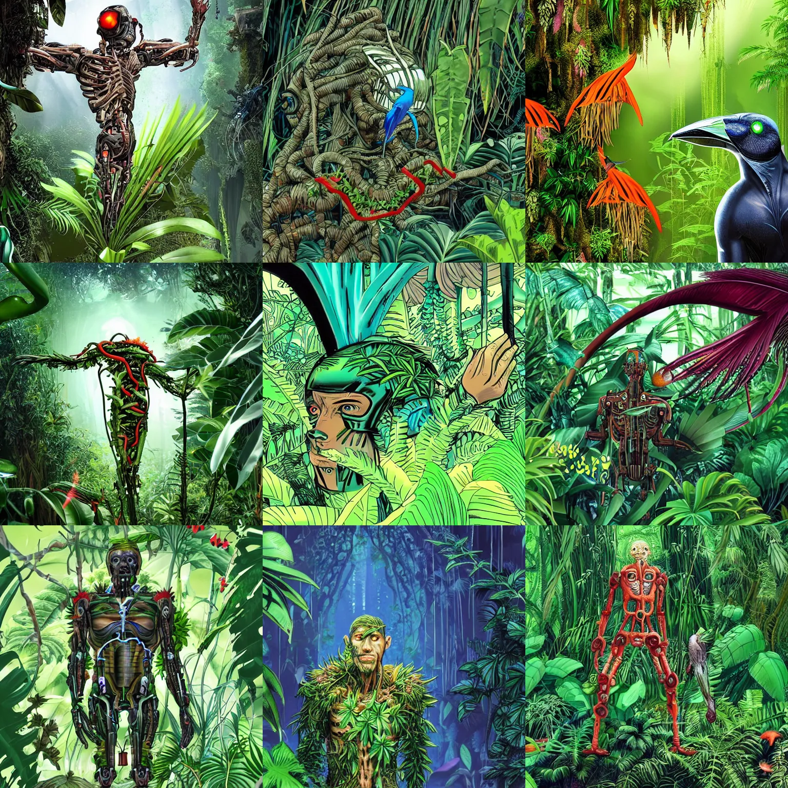 Prompt: alive cyborg that is overgrown by plants in a jungles, staying partially in water, looking on a bird - of - paradise