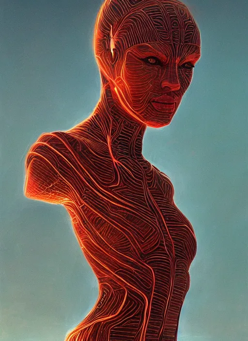 Prompt: biblical female android, hexagonal pattern on skin, glowing veins, in clouds, sunset, portrait by wayne barlowe, by peter elson, by anato finnstark, studio lighting, muted colors, by frank frazetta, extreme detail, reflections, trending on artstation, 8 k