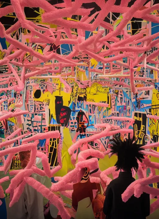 Prompt: room full of giant sakura people made out of pipecleaners in a baroque style of Jean-Michel Basquiat, 3D cinematic lighting, spotlight at a 90 DEGREE ANGLE, photorealism, octane render, depth of field, 8k, 35mm, artgem, Trending on artstation